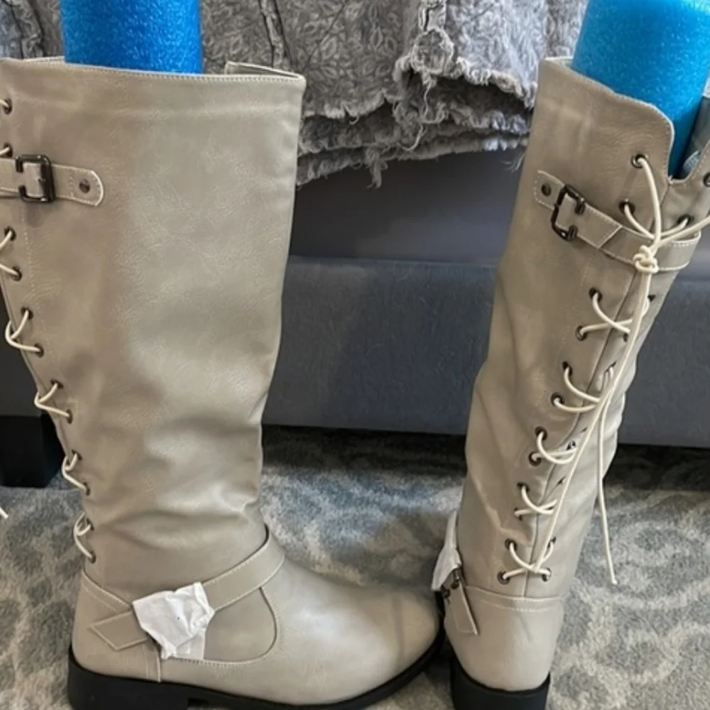 Wanted Lady Luck Over the Knee Boots in Cream Faux Leather Sz 6 New
